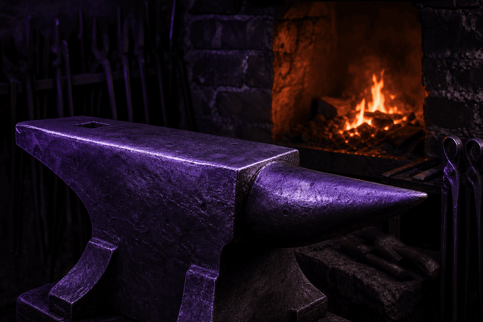 Dark forge scene with purple-tinted steel anvil and controlled orange fire