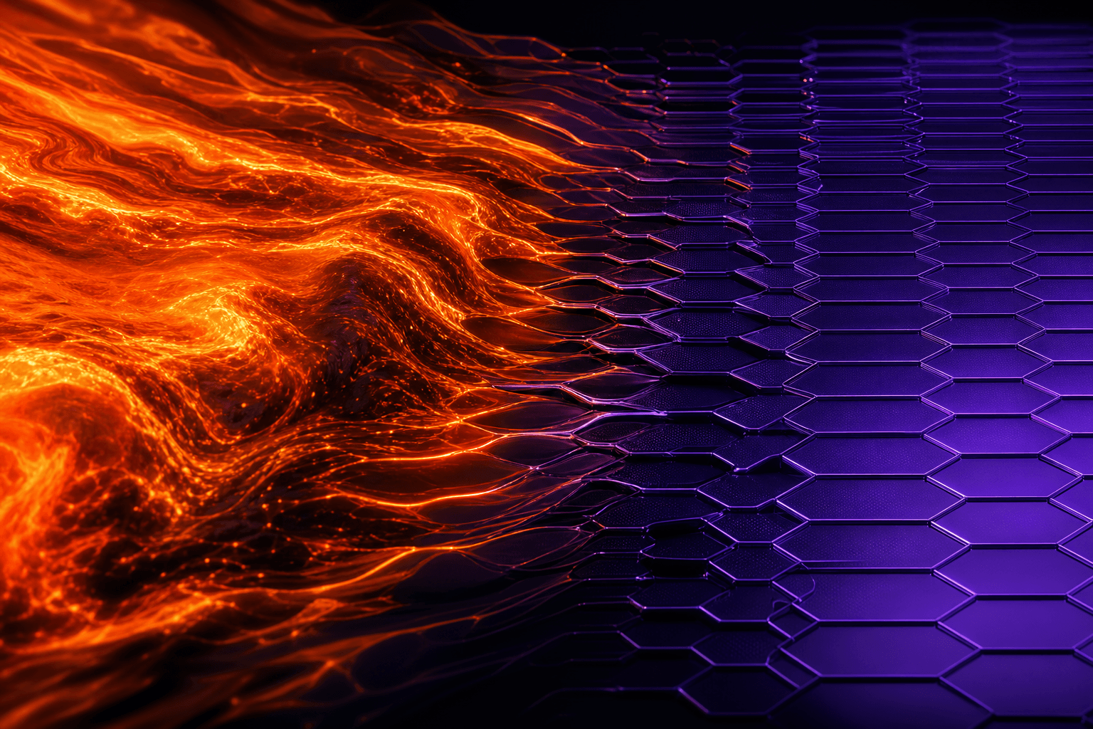 Molten orange field resolving into an ordered cool purple grid, heat becoming engineered order