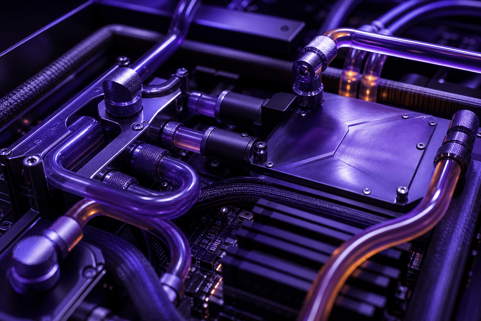 Macro view of liquid cooling cold plates and manifold tubing on dark server hardware with amber coolant glow