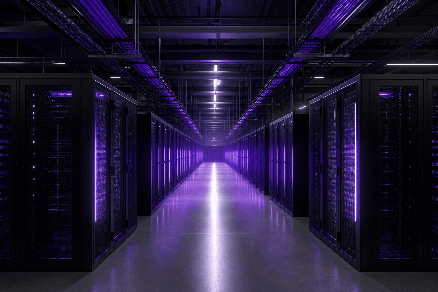 Commissioning floor of a new data hall with one aisle lit for inspection