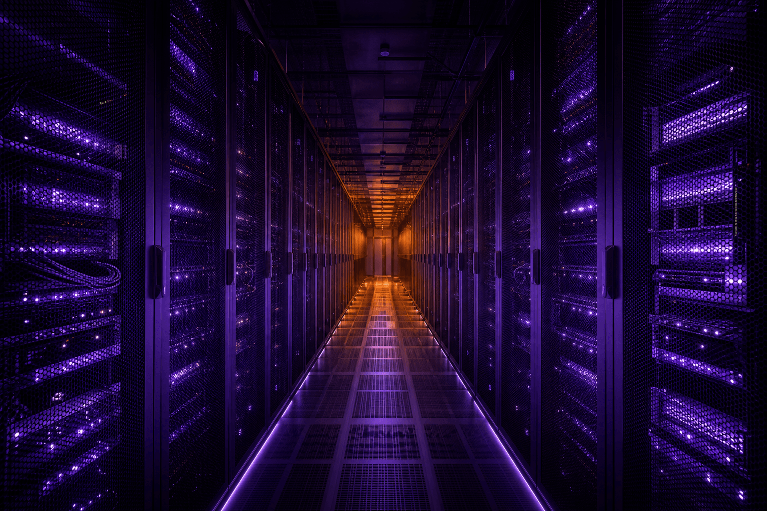 Dark AI data center aisle with a thermal gradient from cool violet to hot amber, illustrating a rack density audit