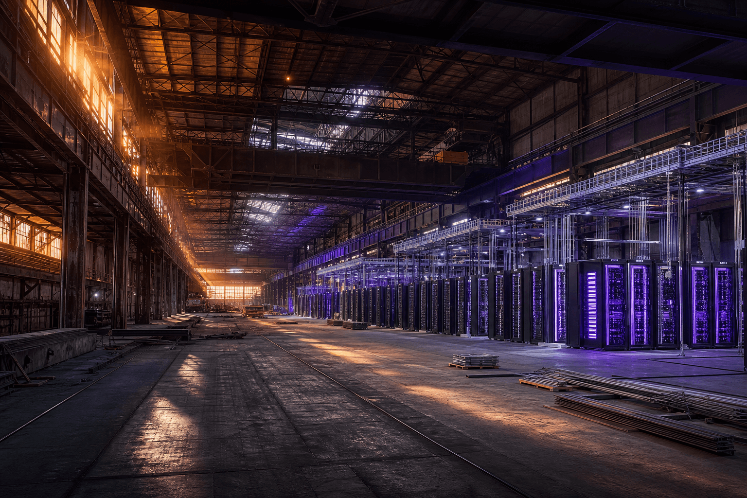 New data center rack rows rising inside a vast retired smelter hall under dawn light